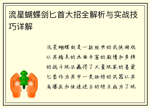 流星蝴蝶剑匕首大招全解析与实战技巧详解